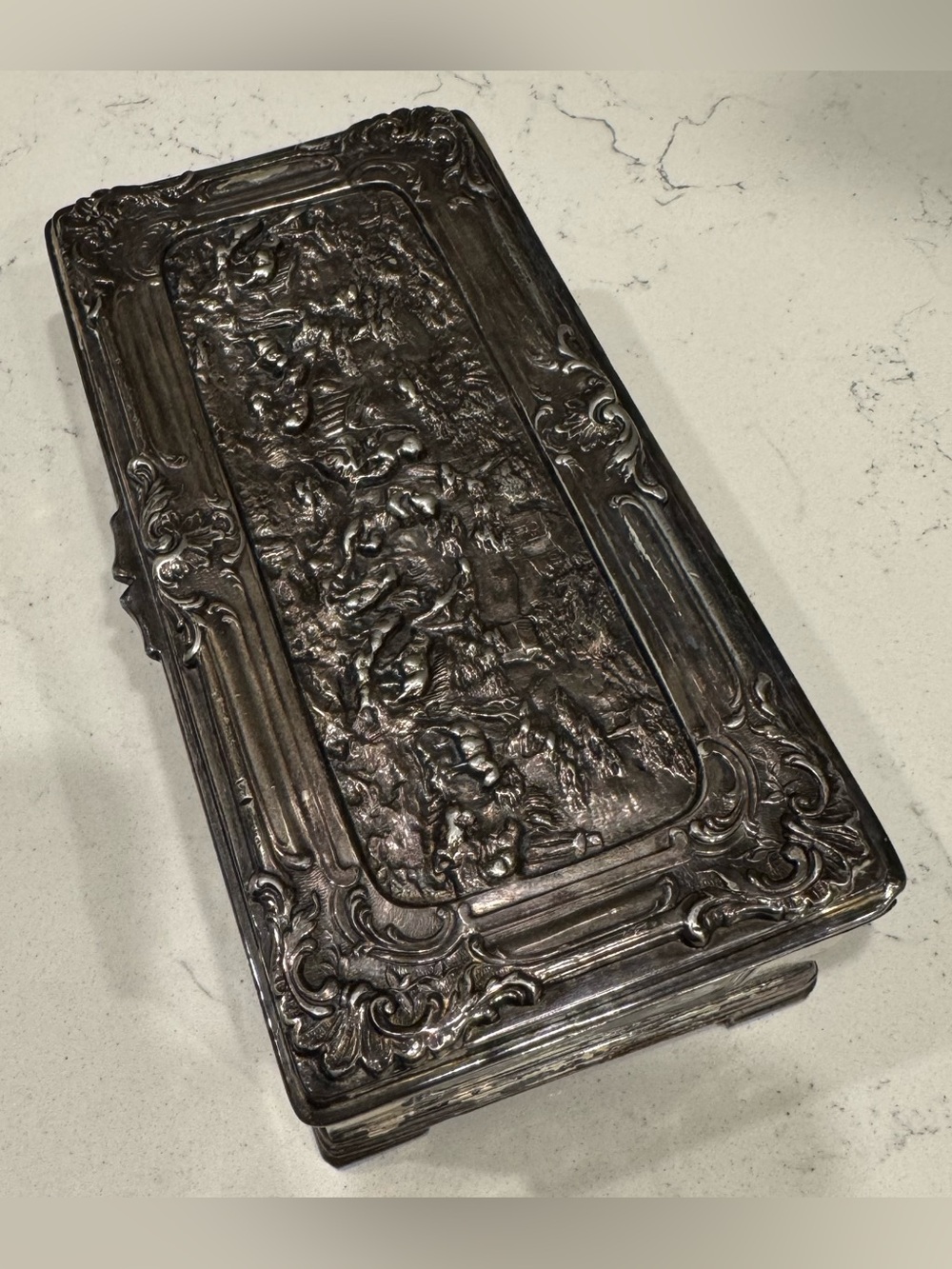 Antique Jennings Bros JB Silverplate Jewelry Casket High Relief Pastoral USA